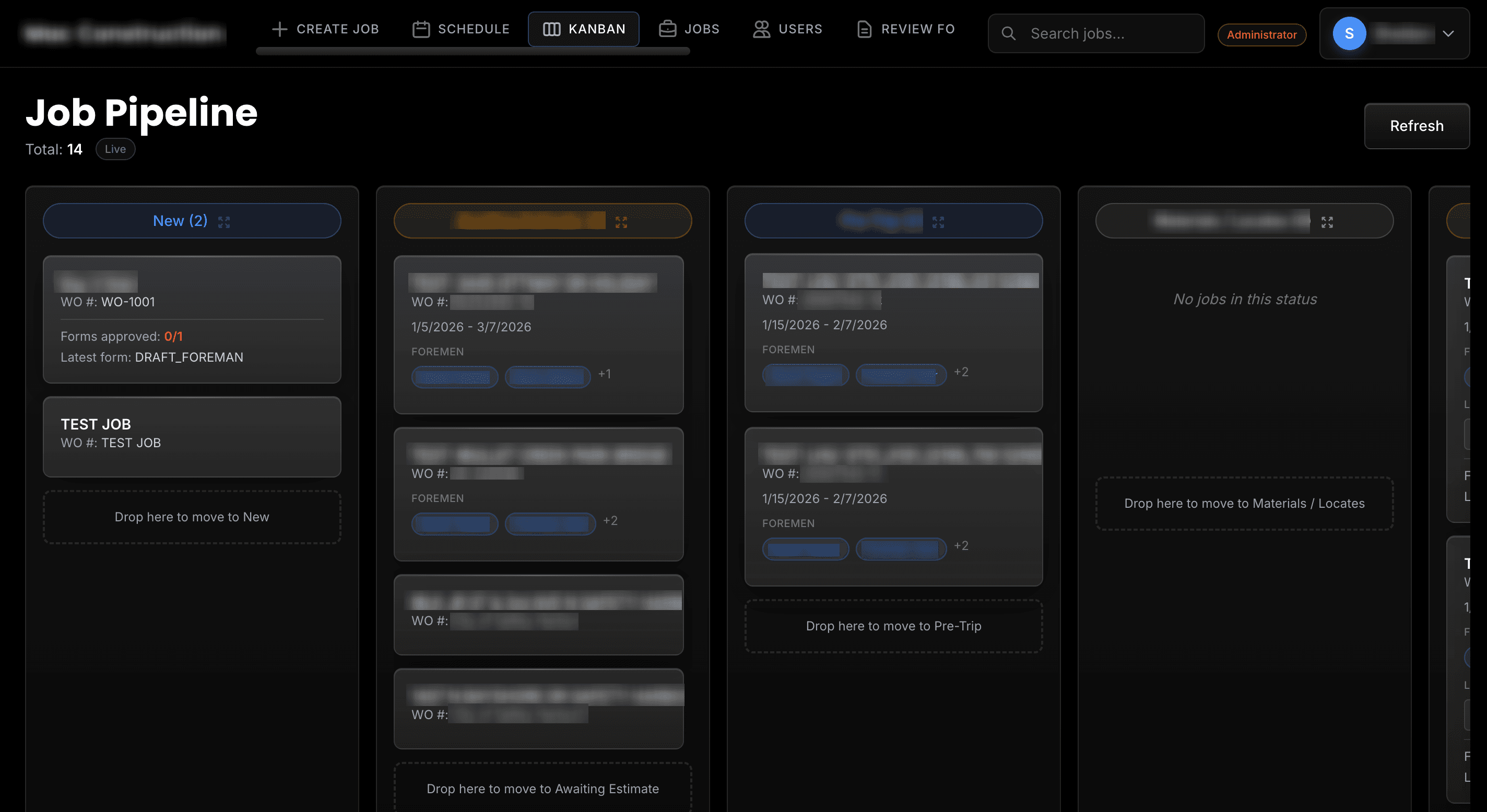 Job Pipeline — drag-and-drop Kanban across the 10-stage job workflow