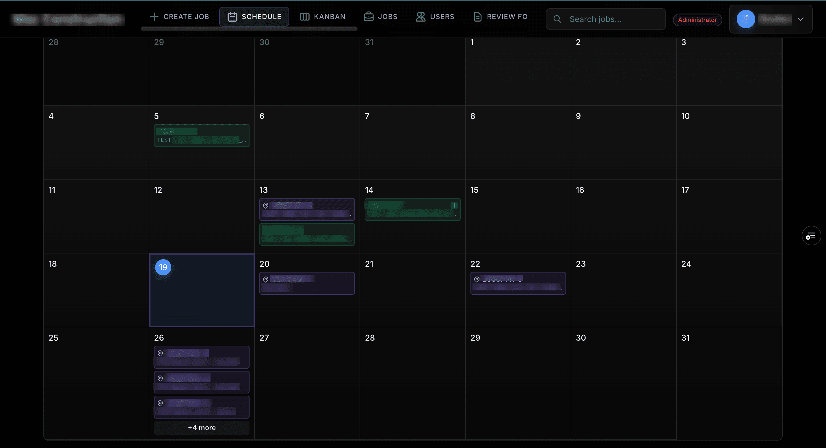 Crew scheduling calendar with job assignments